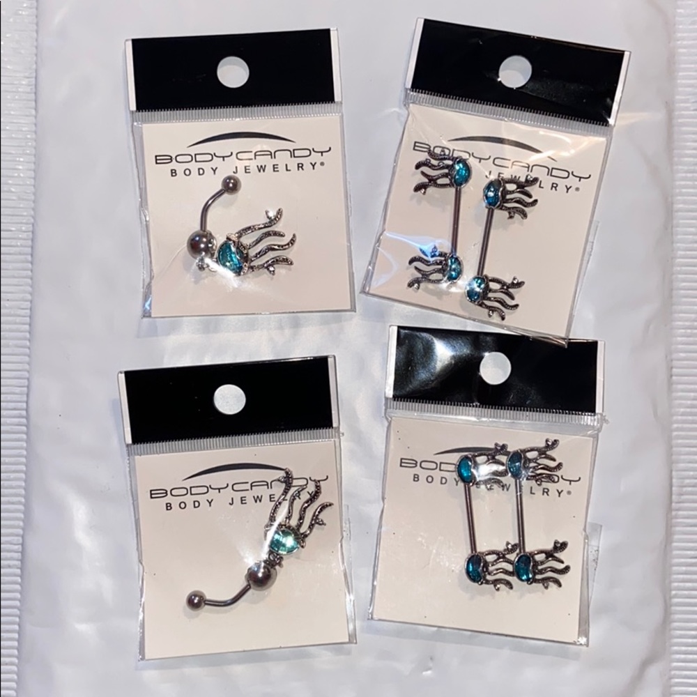 Blue&Silver Jellyfish nipple bar&belly ring set